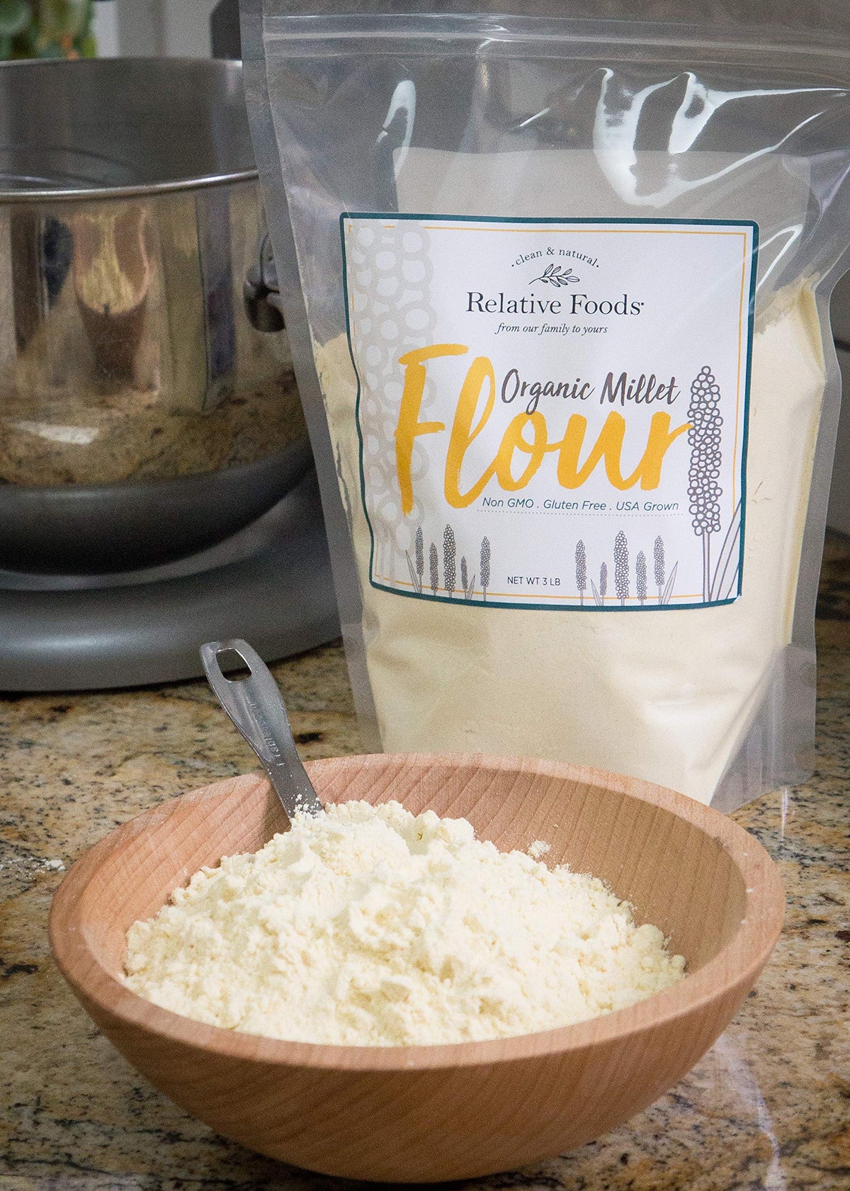 Relative Foods millet flour nutrition panel emphasizes magnesium and potassium.