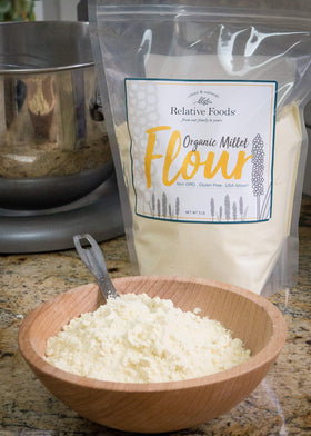 Relative Foods millet flour nutrition panel emphasizes magnesium and potassium.