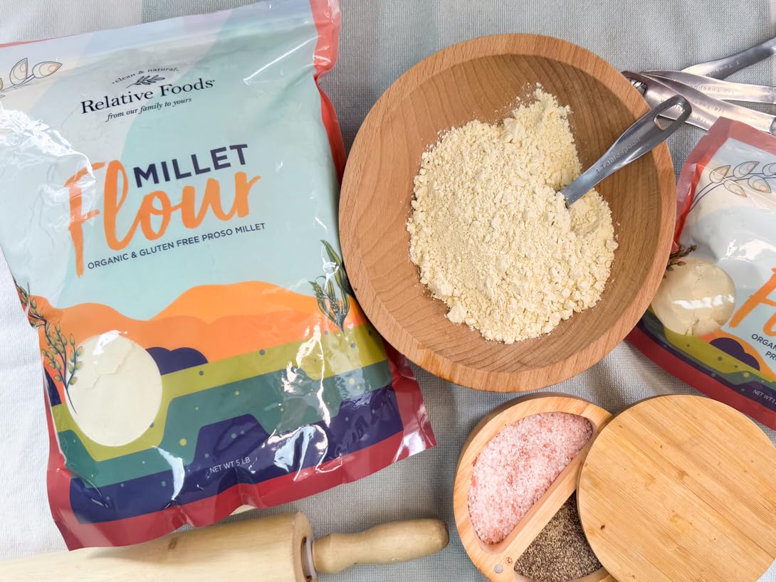 Homemade gluten-free pancakes made with Relative Foods millet flour.