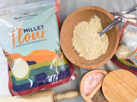 Homemade gluten-free pancakes made with Relative Foods millet flour.