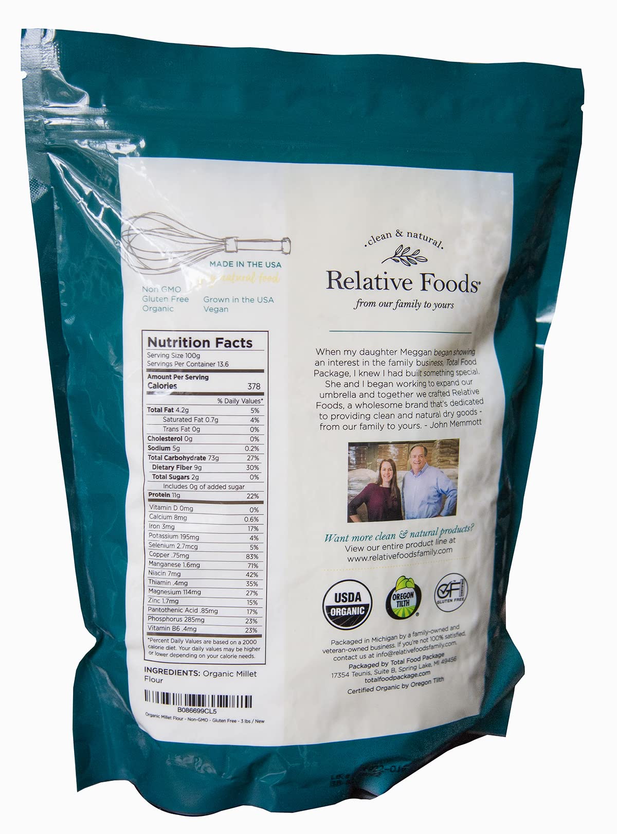Relative Foods millet flour proso millet grains, high-fiber ingredient.