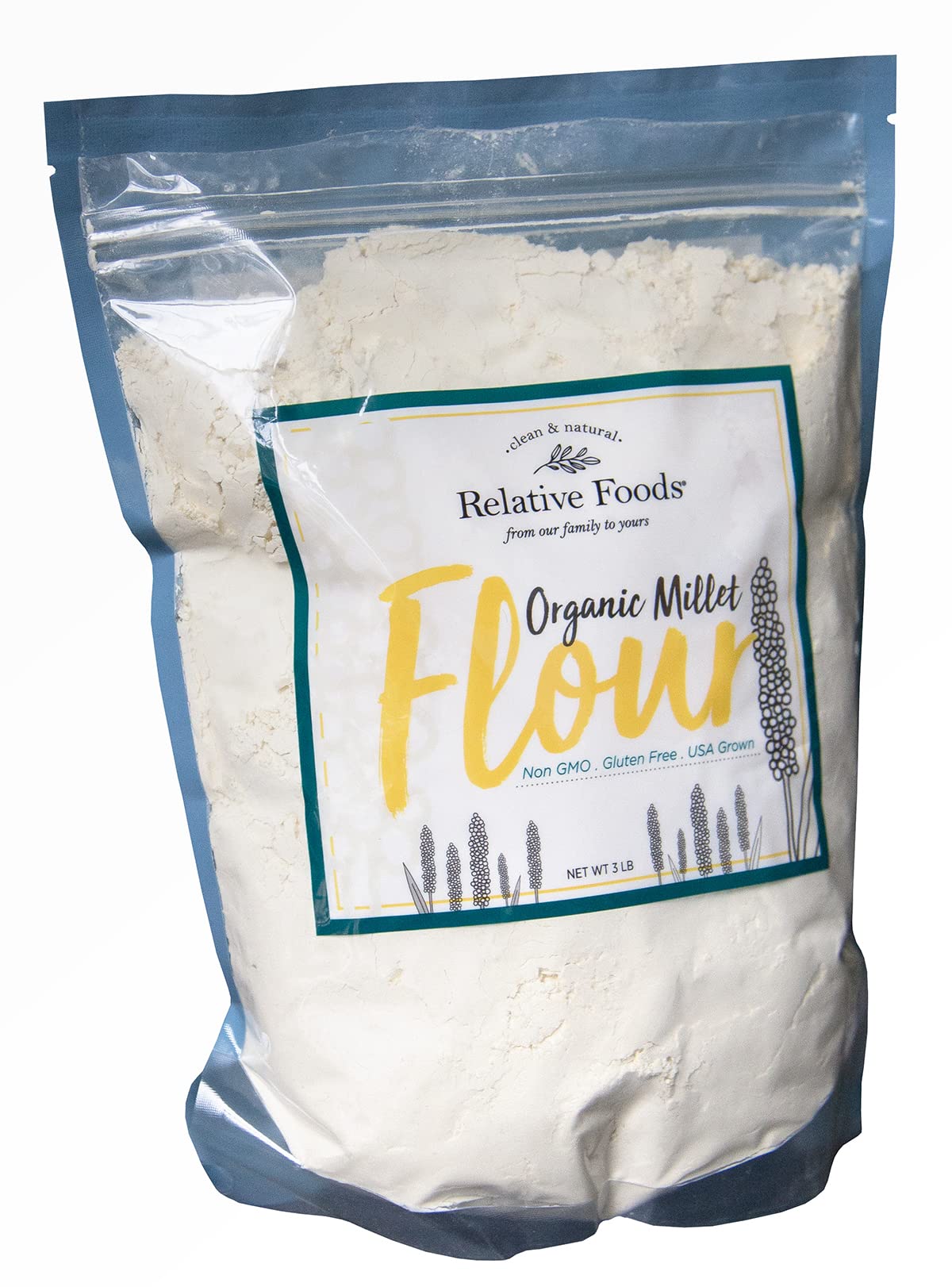 Relative Foods millet flour USDA Organic bag on kitchen counter, gluten-free baking option.