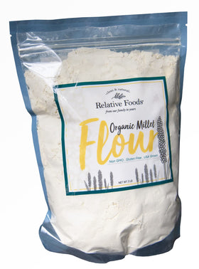 Relative Foods millet flour USDA Organic bag on kitchen counter, gluten-free baking option.