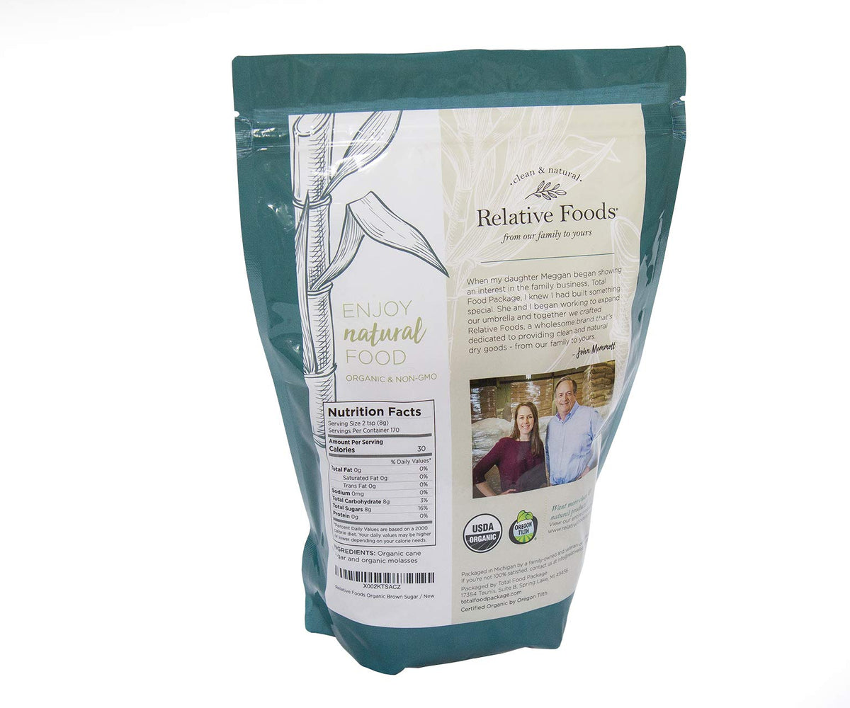 Relative Foods Organic Brown Sugar 3lb bag with measuring spoon, perfect for precise glazes.