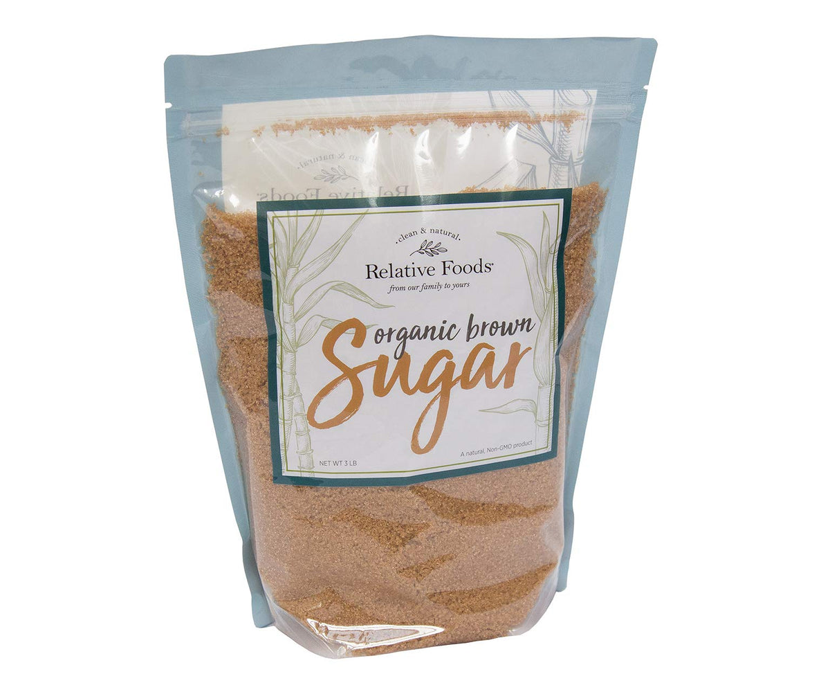 Relative Foods Organic Brown Sugar 3lb bag on counter, ideal for quick baking prep.