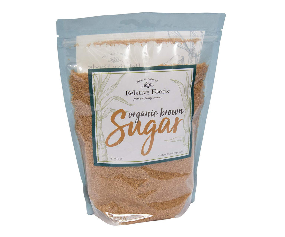 Relative Foods Organic Brown Sugar 3lb bag on counter, ideal for quick baking prep.