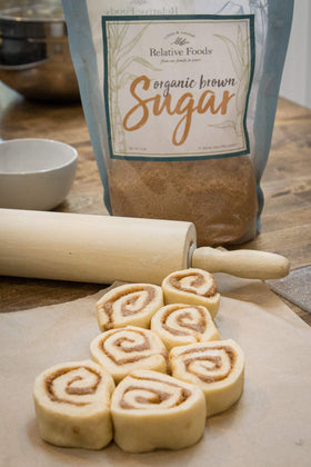 Relative Foods label close-up, showing Brazil sugar with USA molasses blend benefits.