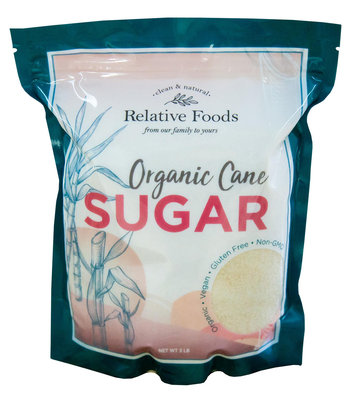 Relative Foods Organic Cane Sugar Crystals 3lb pack, ideal for baking and beverages.