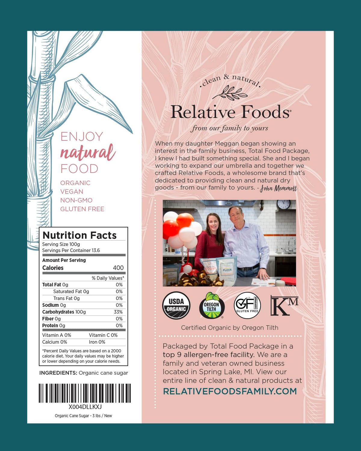 Relative Foods Organic Cane Sugar Crystals in a pour bottle, ideal for coffee and tea.