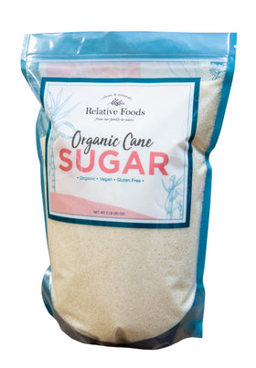 Relative Foods Organic Cane Sugar Crystals 5lb bag close-up for baking and beverages.