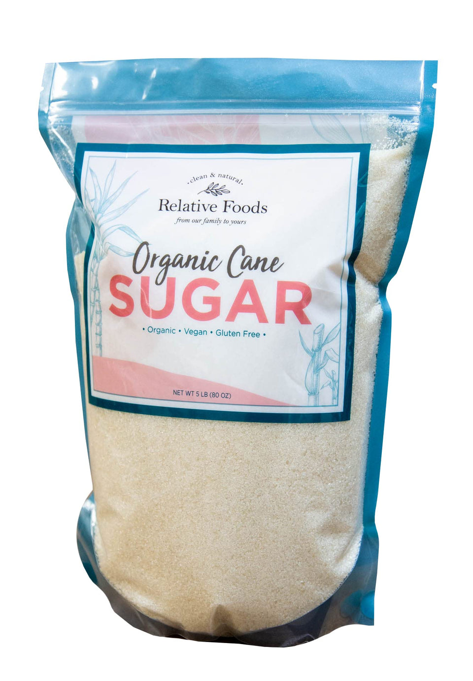 Relative Foods Organic Cane Sugar Crystals 5lb bag close-up for baking and beverages.