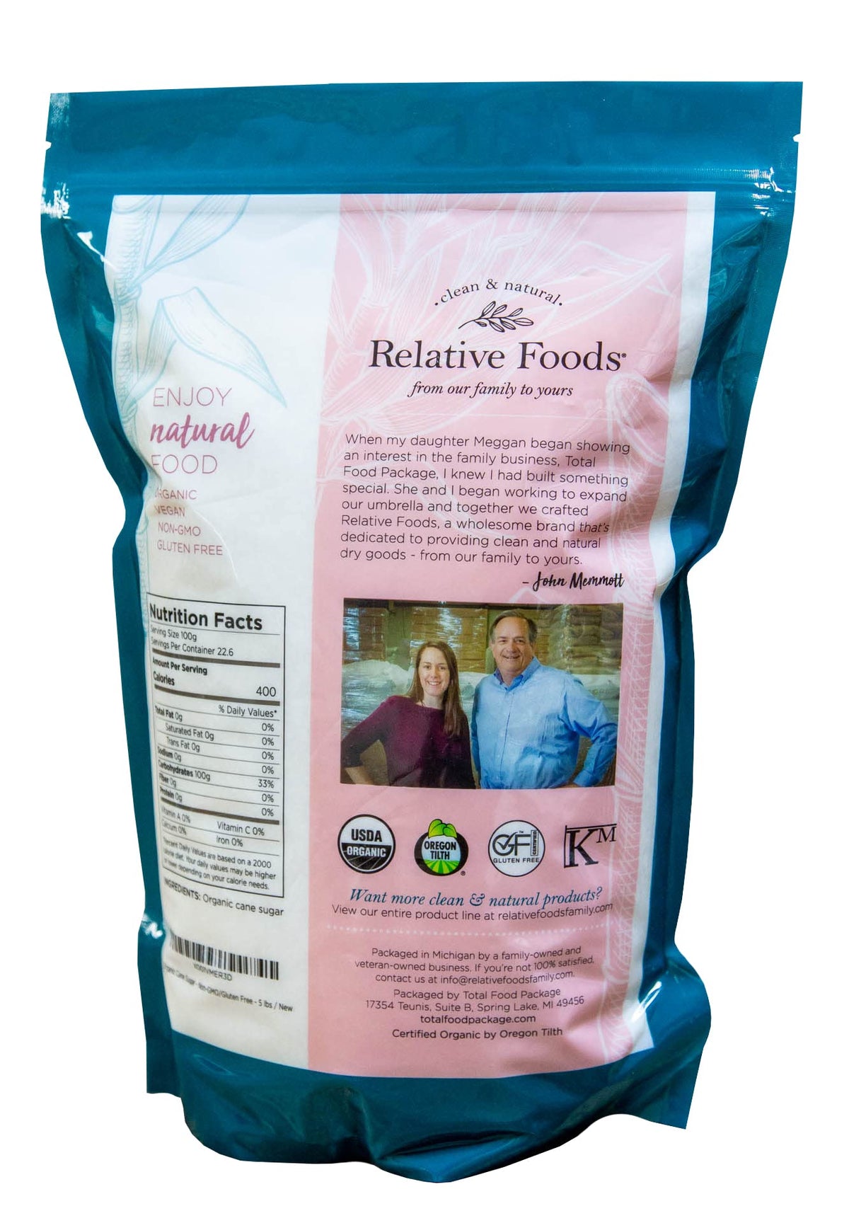 Relative Foods Organic Cane Sugar Crystals bag close-up showing natural crystals.