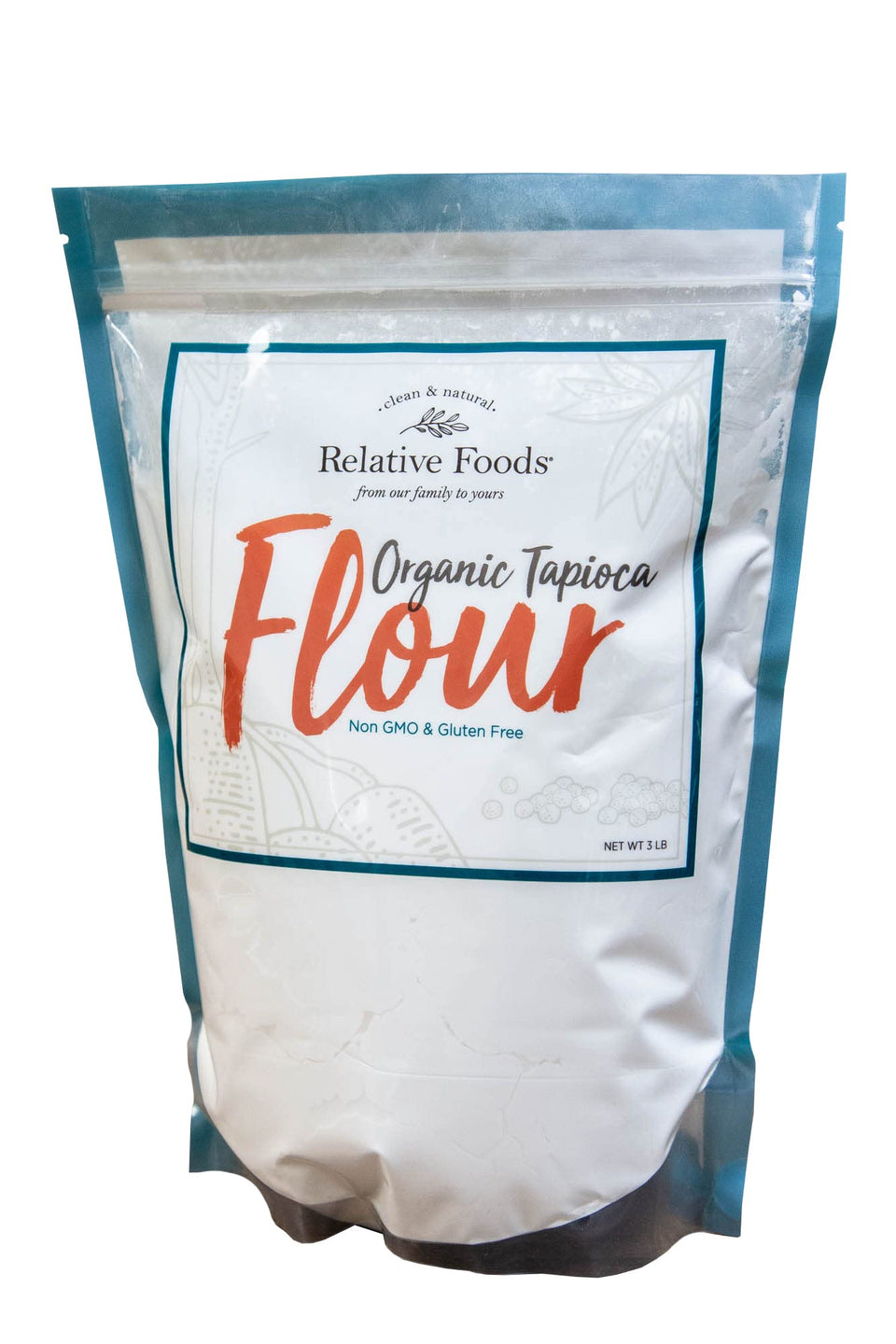 Relative Foods Organic Tapioca Flour packaging highlights gluten-free thickening for soups and gravies.