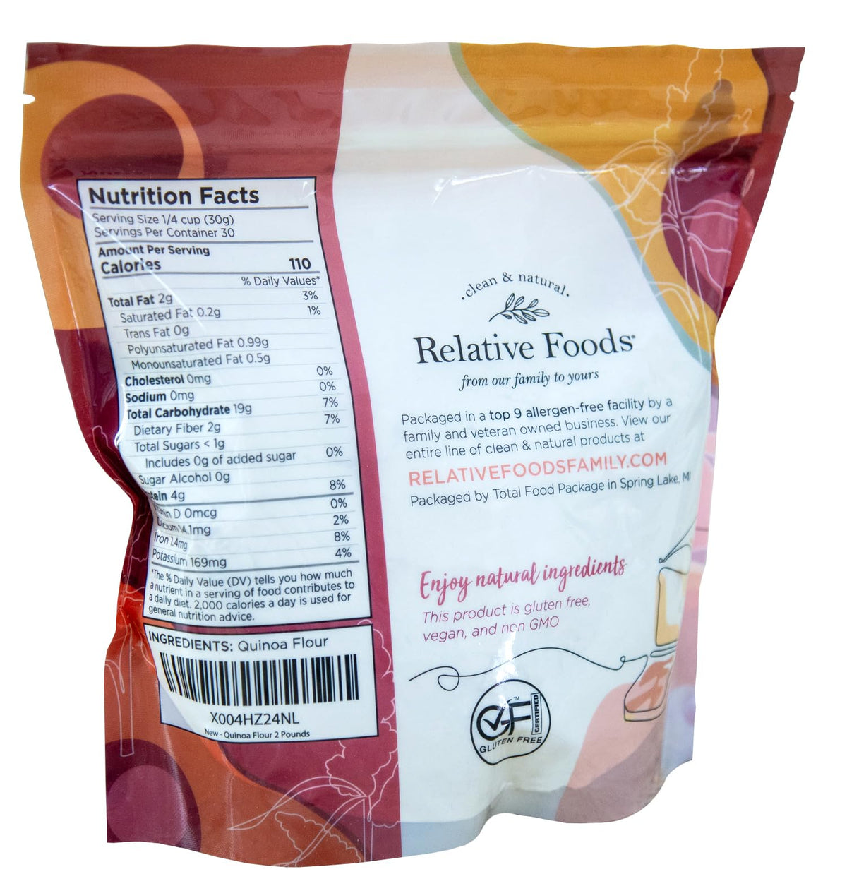 Relative Foods Quinoa Flour pouring bowl, showcasing finely milled texture for smooth batters and sauces.