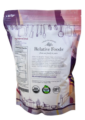 Relative Foods brown rice flour on a baking setup for pancakes and cookies with a nutty note.