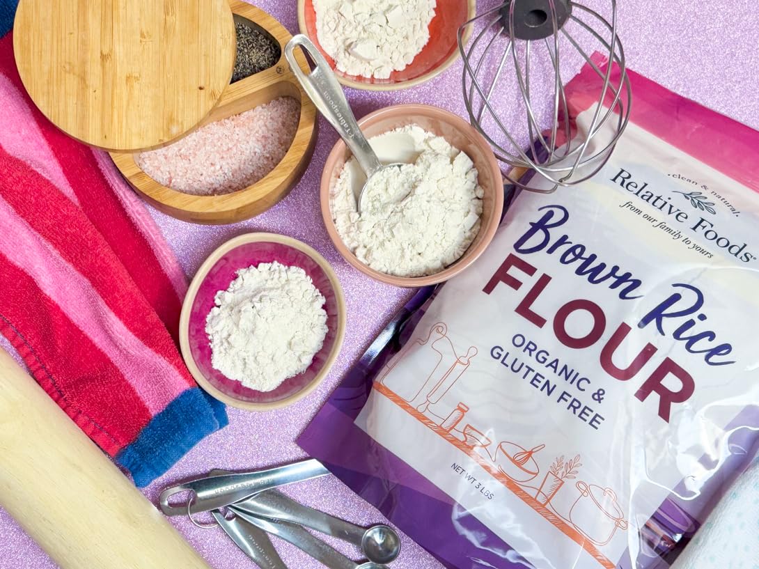 Relative Foods Organic Brown Rice Flour in a kitchen pantry, ideal for thickening sauces and gravies.