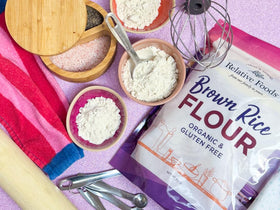 Relative Foods Organic Brown Rice Flour in a kitchen pantry, ideal for thickening sauces and gravies.
