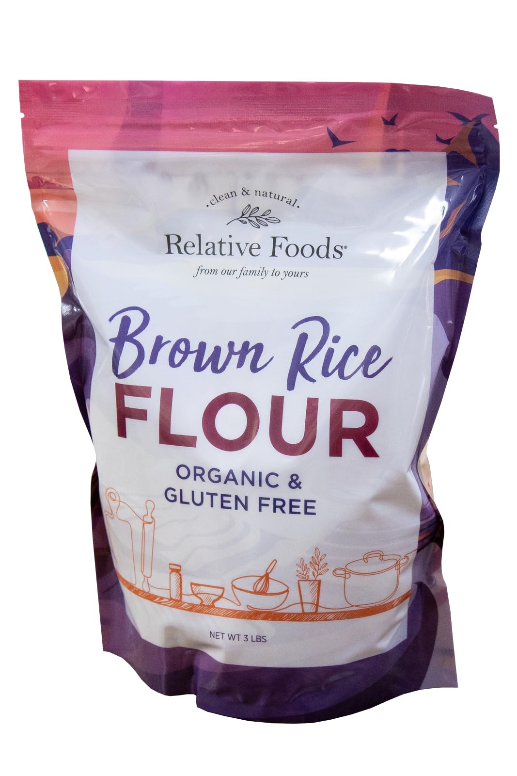 Relative Foods Organic Brown Rice Flour bag ready for gluten-free baking and pantry storage.