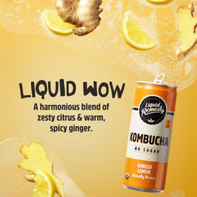Ingredient close up of Remedy Liquid Kombucha Ginger Lemon with real ginger and lemon