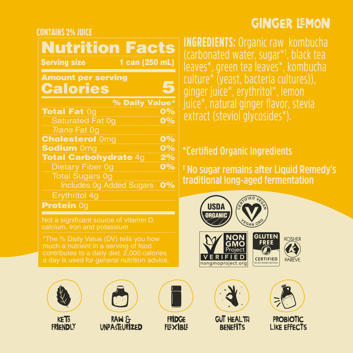 Remedy Liquid Kombucha Ginger Lemon served cold in a glass, crisp and refreshing