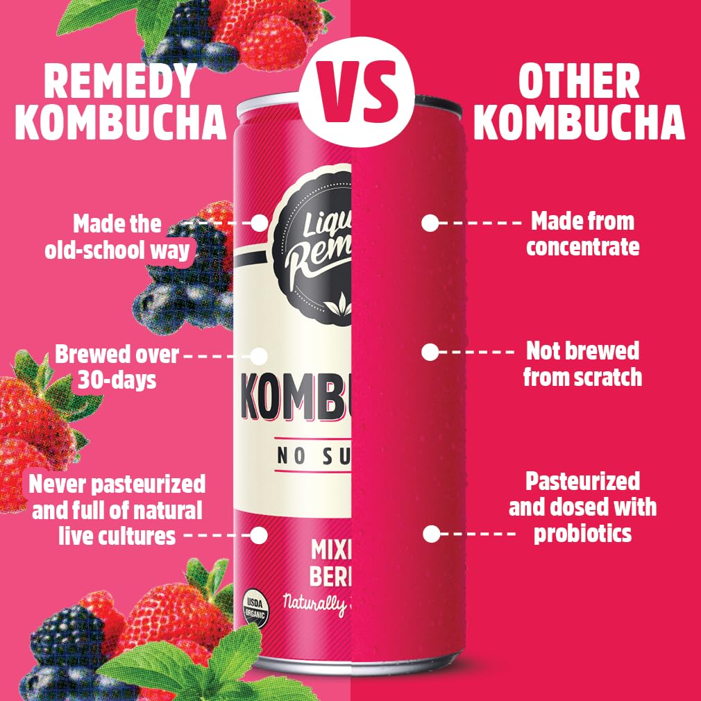 Remedy Liquid Remedy kombucha bubbles in glass emphasize low calorie, refreshing option.