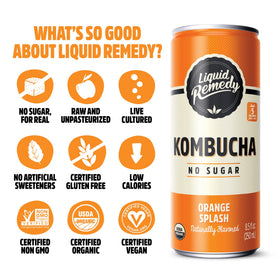 Remedy Orange Splash label close-up emphasizing organic ingredients and probiotic-like benefits.