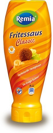 Remia Frite Sauce Classic 2-pack bottle pour, perfect for dipping fries and customizing burgers