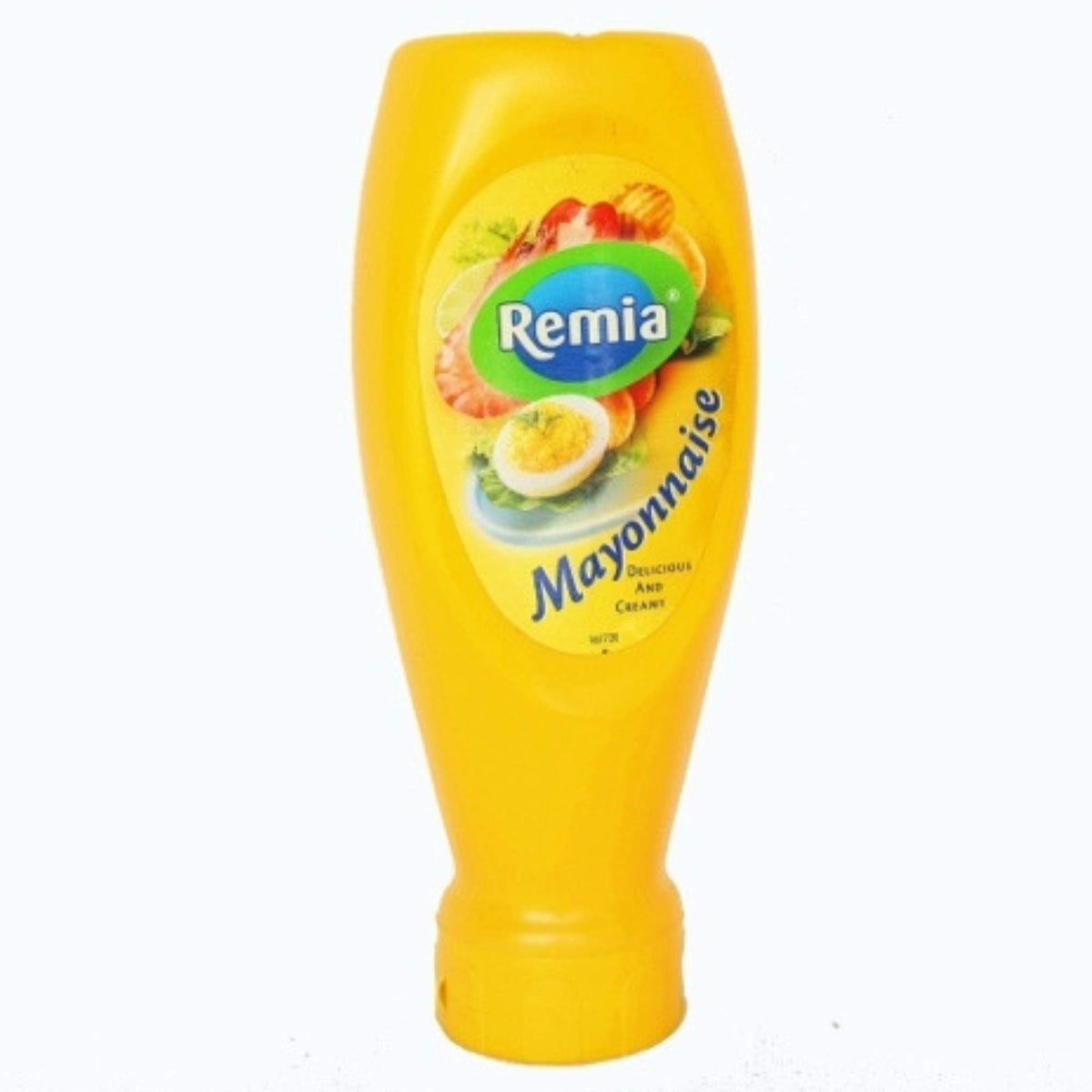 Remia mayonnaise bottle being squeezed; creamy texture ideal for burgers and dips.