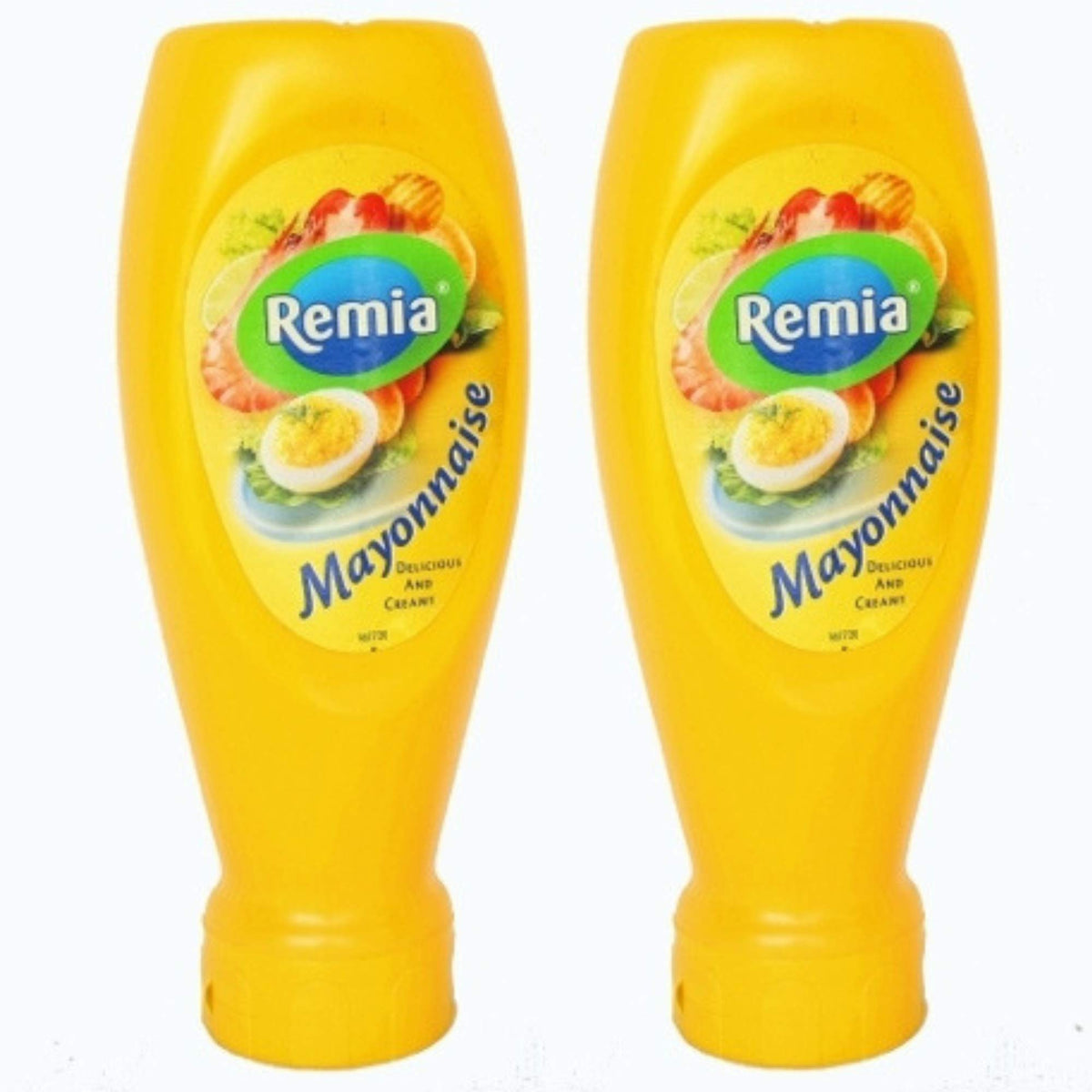 Remia mayonnaise two-pack bottles on kitchen counter for sandwiches and salads.