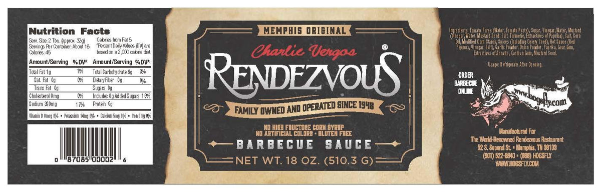 Rendezvous BBQ Sauce label closeup with premium ingredients
