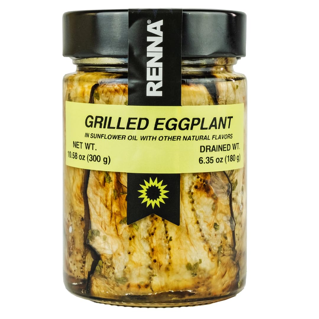 Renna Grilled Eggplants in Oil bottle close-up highlighting smoky flavor and Italian craftsmanship