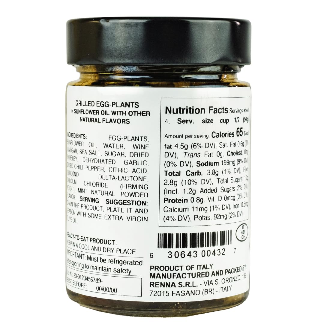 Renna Grilled Eggplants in Oil jar view with glossy oil and tender slices