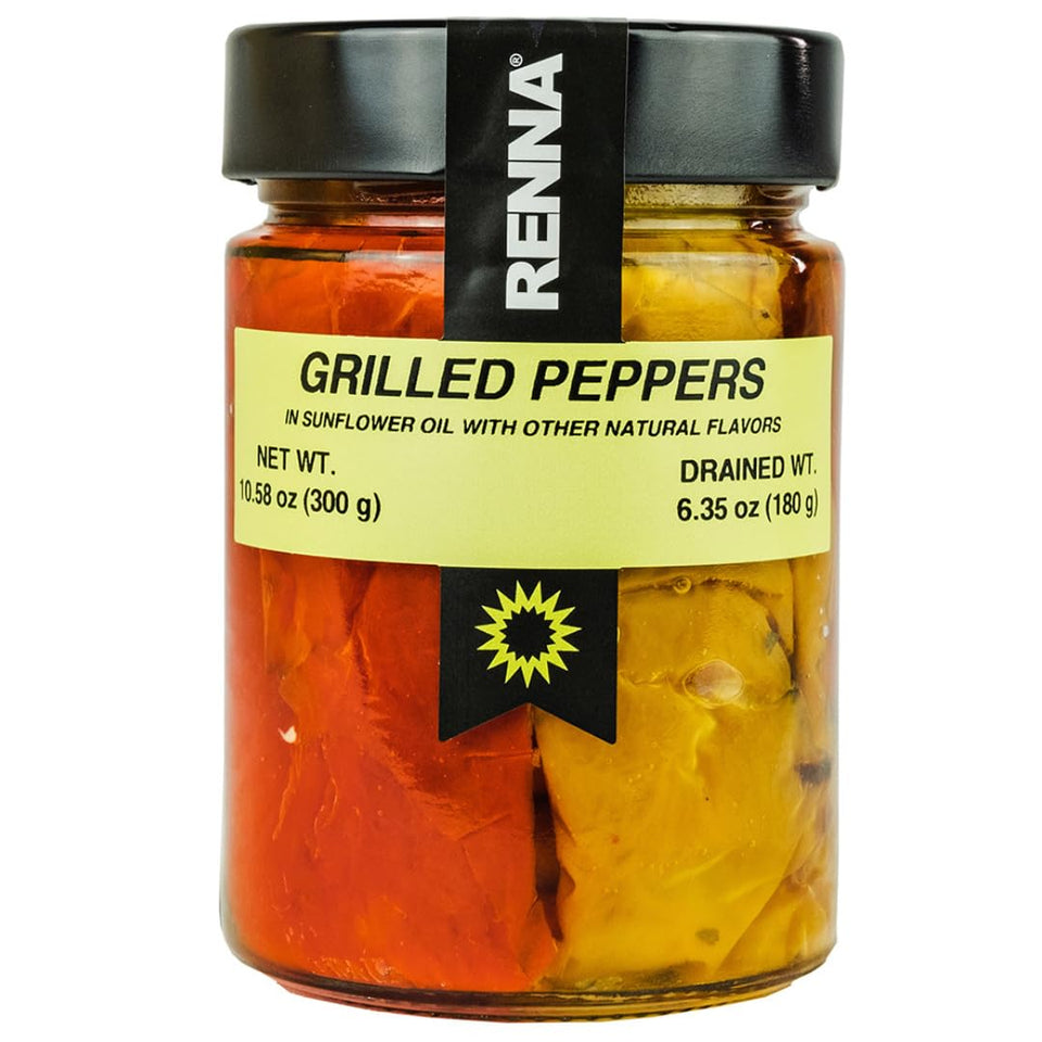 Renna grilled peppers in oil jar displaying vibrant peppers ready for antipasto.