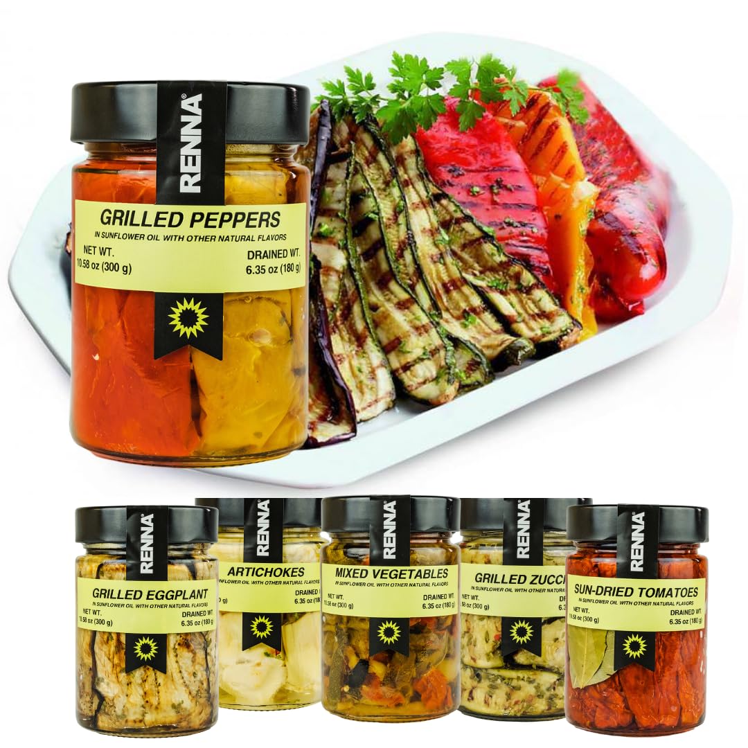 Renna grilled peppers in oil served dish illustrates Mediterranean flavor at table.
