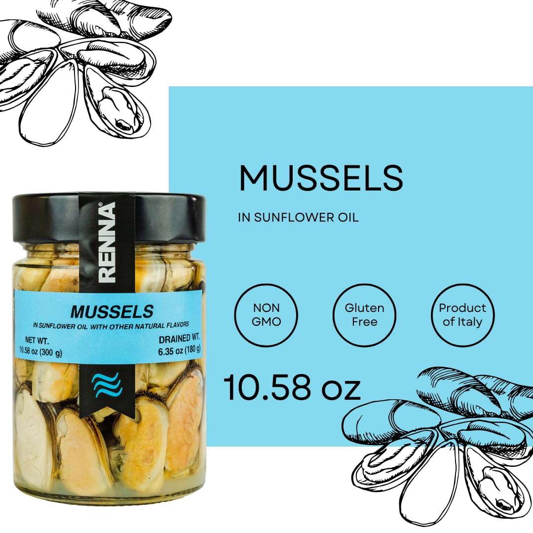 Renna mussels on pasta topping adds flavorful Mediterranean richness.