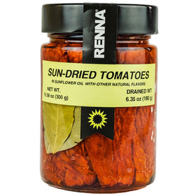 Renna sun-dried tomatoes in oil jar; rich flavor ideal for antipasti and pasta.