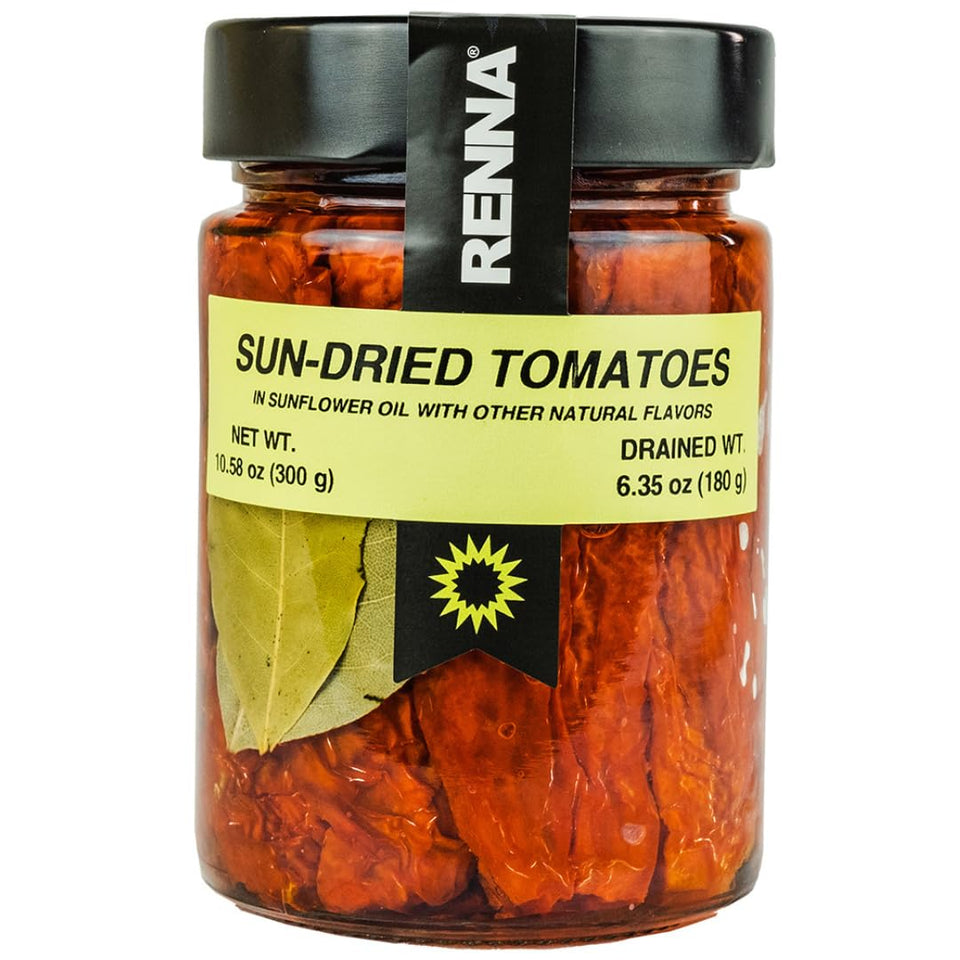 Renna sun-dried tomatoes in oil jar; rich flavor ideal for antipasti and pasta.