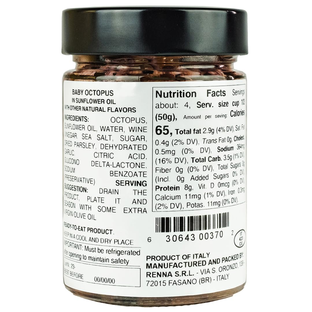 Renna small octopus in oil appetizer-ready, quick starter with olive oil and herbs