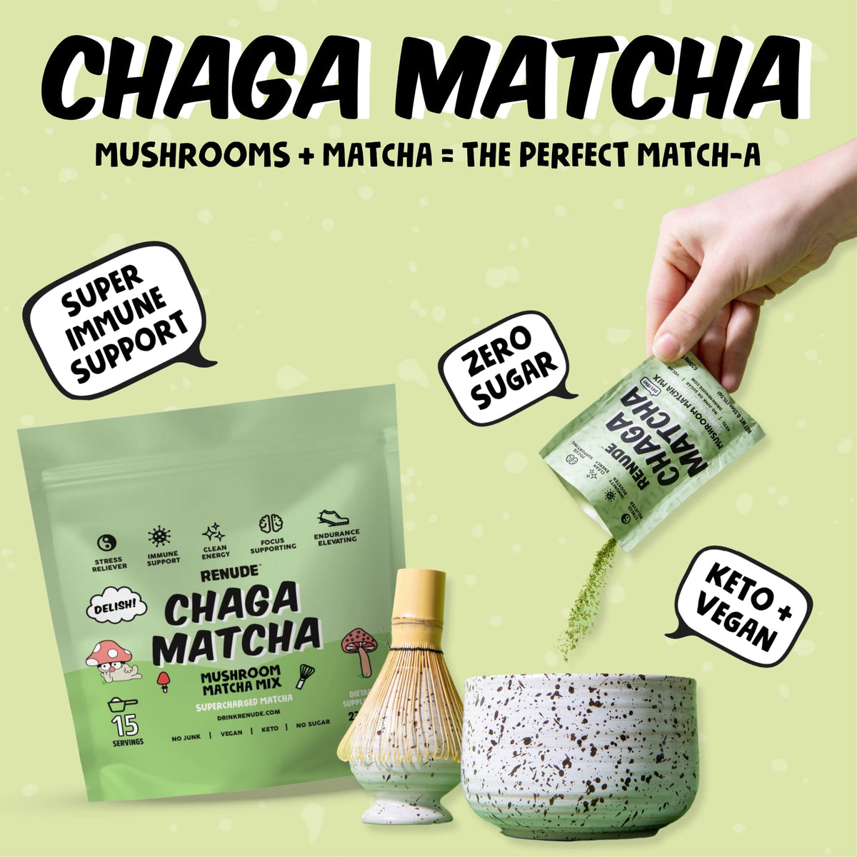 Renude Chaga Matcha ceremonial grade powder close-up highlighting antioxidant-rich blend