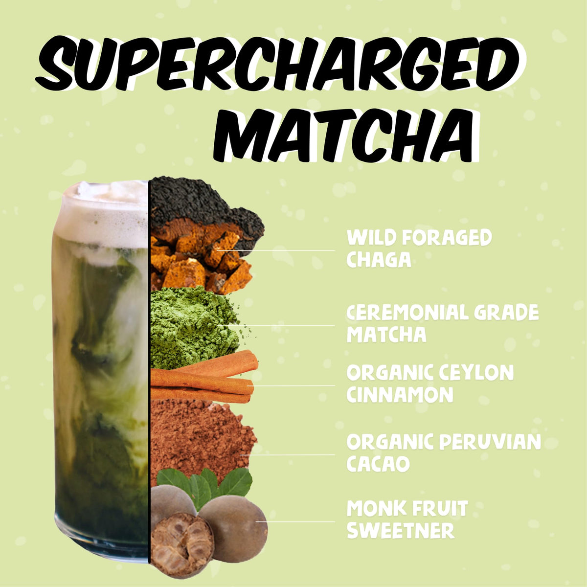 Renude Chaga Matcha scoop dispensing powder into drink for smooth energy