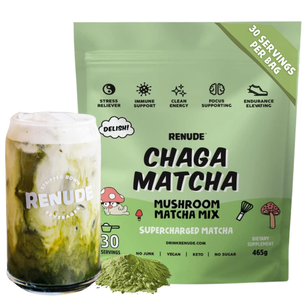 Renude Chaga Matcha tub front view premium ingredients for daily energy