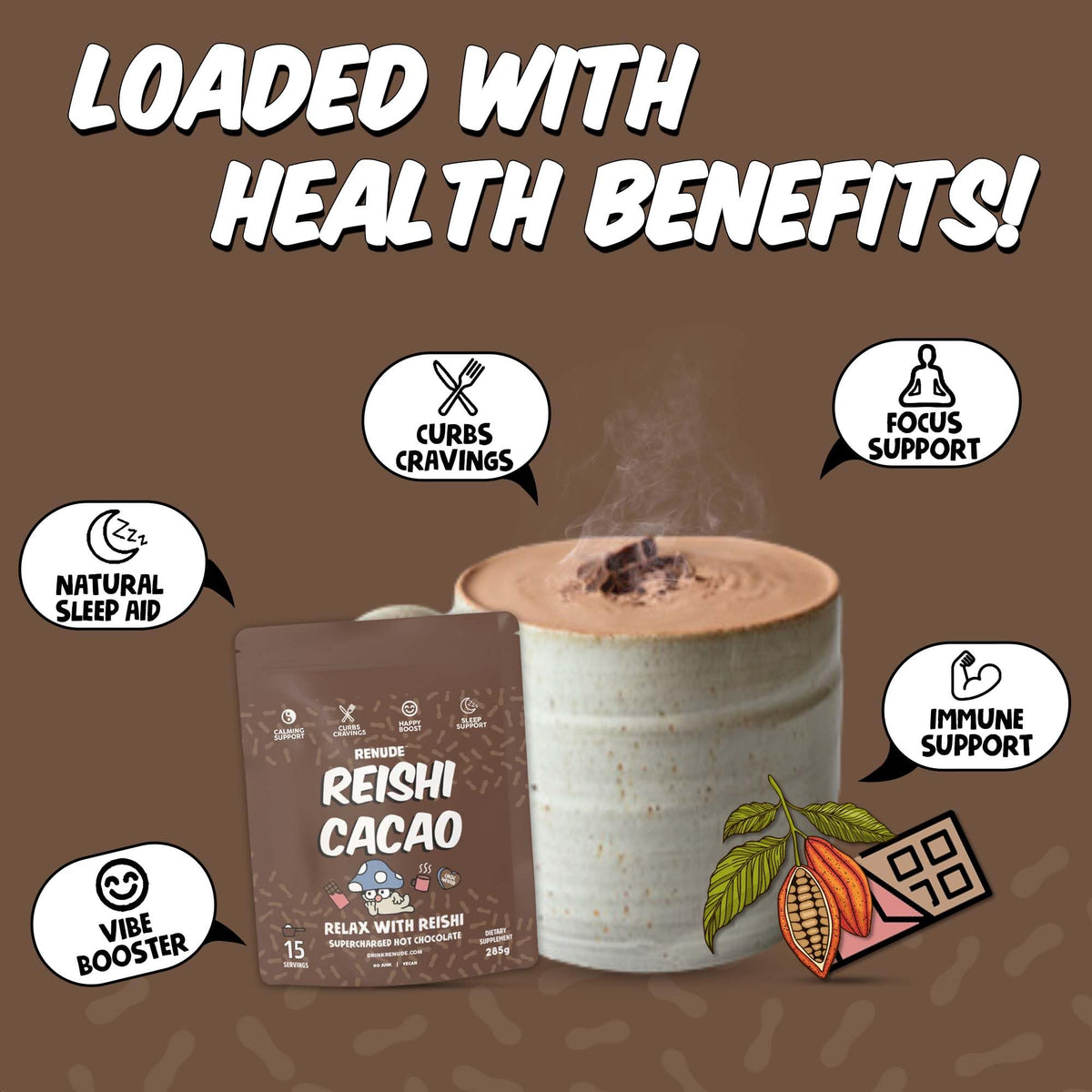 Renude Reishi Cacao coconut sugar and monk fruit sweetener provide natural balance.