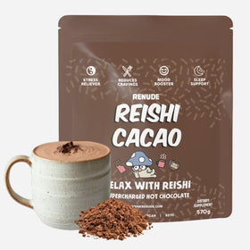 Renude Reishi Cacao hot chocolate bottle pour offers a calming evening ritual.
