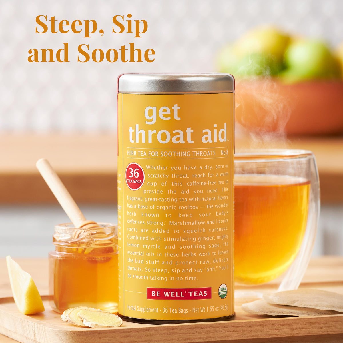 The Republic of Tea Be Well Rooibos tea tin displays caffeine-free, full-bodied aroma.