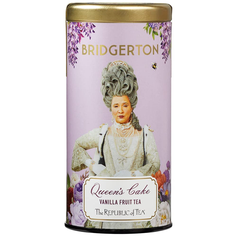 The Republic of Tea Bridgerton Queen's Cake tea bags on display, a regal afternoon ritual.
