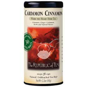 The Republic of Tea Cardamon Cinnamon tea tin front shows warm spice branding for cozy moments.