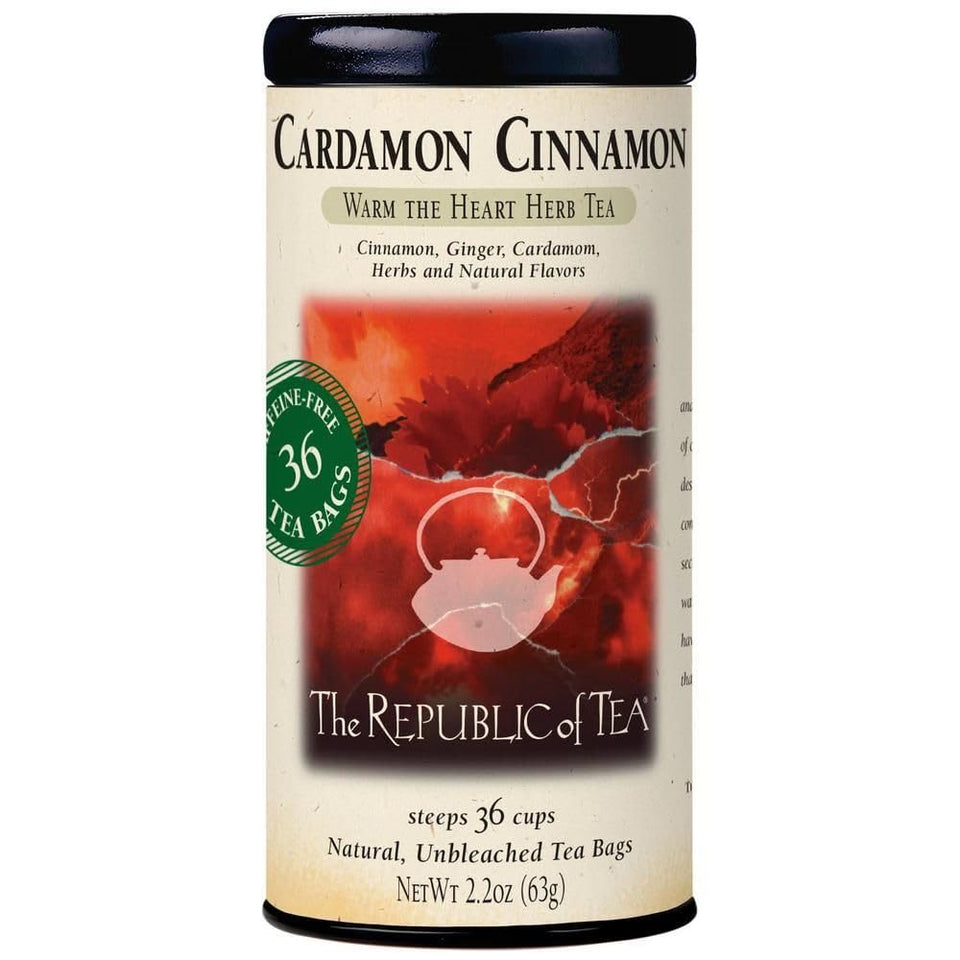 The Republic of Tea Cardamon Cinnamon tea tin front shows warm spice branding for cozy moments.
