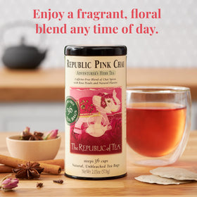 Chai-spices mingle with cinnamon and clove in pink chai blend.