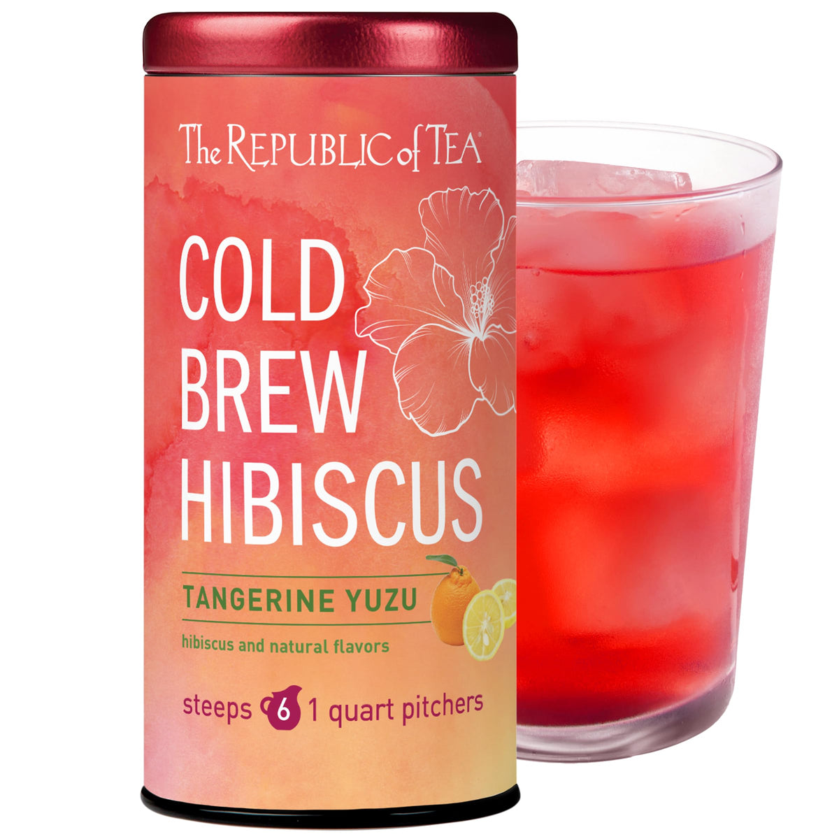 The Republic of Tea cold brew hibiscus tangerine yuzu iced tea pouches ready for easy steeping.