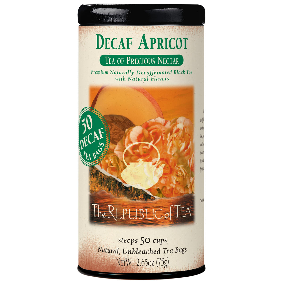 The Republic of Tea decaf apricot black tea tin highlights premium flavor and eco-friendly packaging.